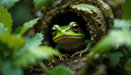 Obraz premium a bright green frog with brown eyes peeks out of a hollow in a tree.