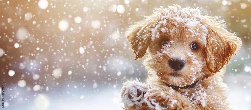 Poster Cute fluffy puppy covered in snowflakes with a soft blurred winter background and ample copy space for text.