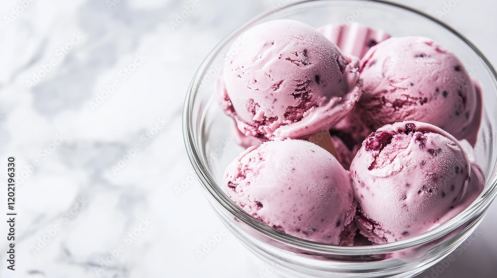 Aufkleber bowl of raspberry ice cream scoops on marble countertop with copy space