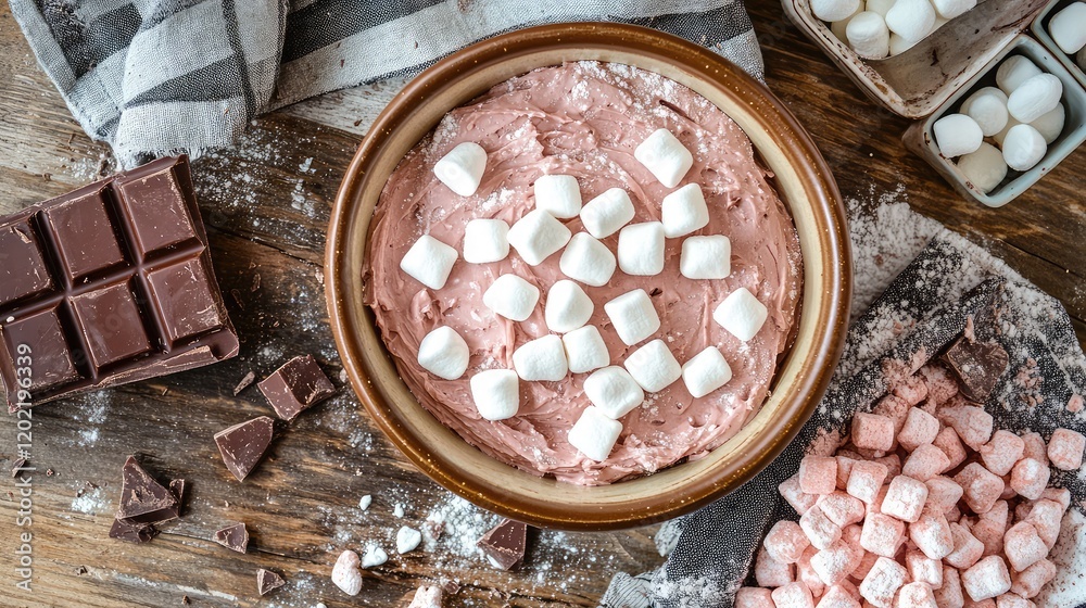 Poster chocolate dessert dip with marshmallows on top arranged on a rustic wooden table with chocolate bars