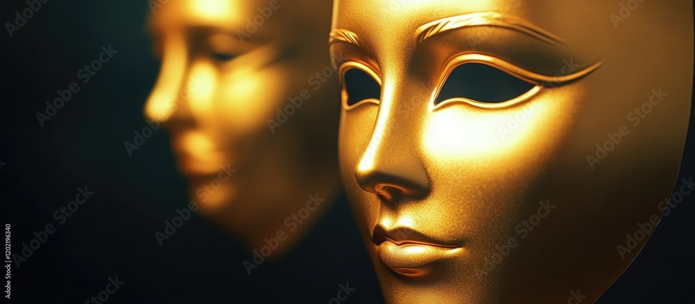 Aufkleber Golden theatrical masks with a soft focus background featuring copy space for text placement.