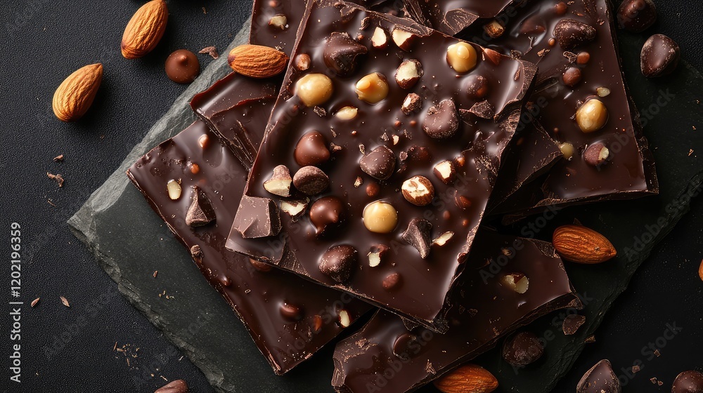 Poster dark chocolate bark with assorted nuts and chocolate pieces on a black background with copy space