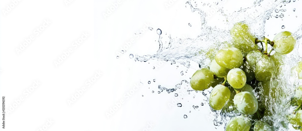 Poster Fresh green grapes splashing in water with bubbles on white background and ample Copy Space
