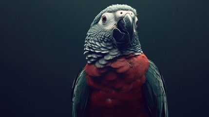 Obraz premium Detailed close-up of a parrot with vivid plumage and intricate feather patterns on a dark background. Copy Space available.
