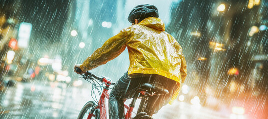 Cyclist wearing yellow raincoat riding bicycle in city during heavy rain