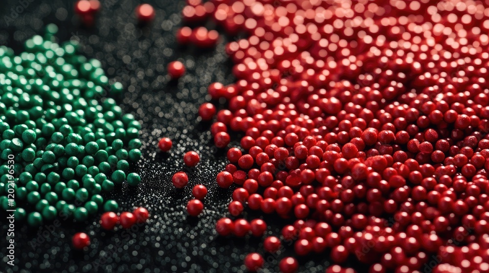 Poster Colorful beads in red and green arranged on a textured black surface with copy space for text