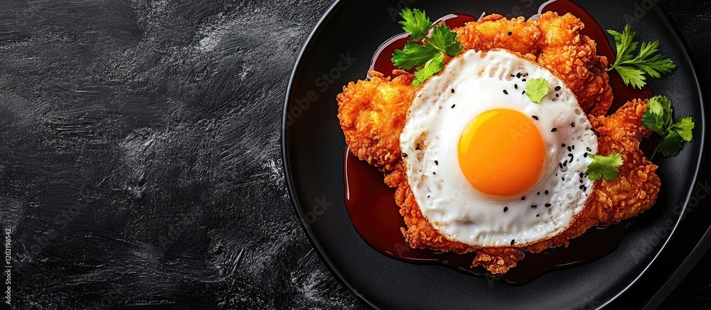 Aufkleber fried chicken with a sunny side up egg served on a black plate garnished with herbs on a dark backgr