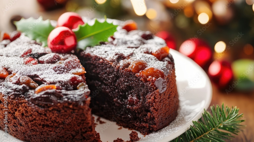 Aufkleber festive chocolate fruitcake with holly and red ornaments on a wooden table, copy space available for