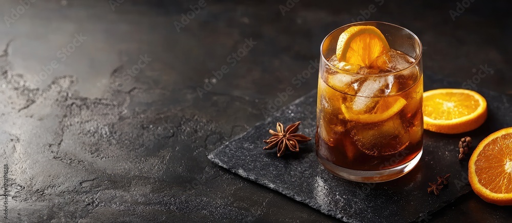 Poster iced whiskey cocktail with orange slices in a glass on slate surface with copy space for text.