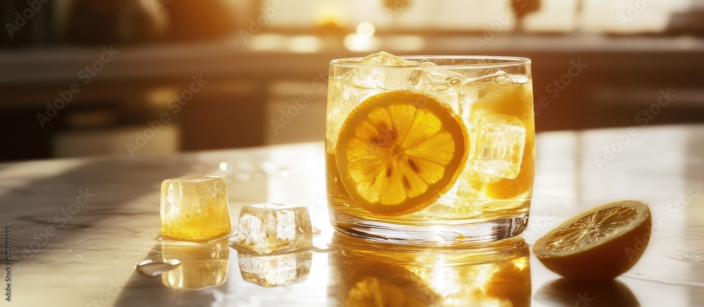 Poster Glass of refreshing citrus beverage with ice cubes and lemon slices on a marble table illuminated by natural sunlight Copy Space