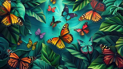 Illustration of various butterflies, predominantly orange and black