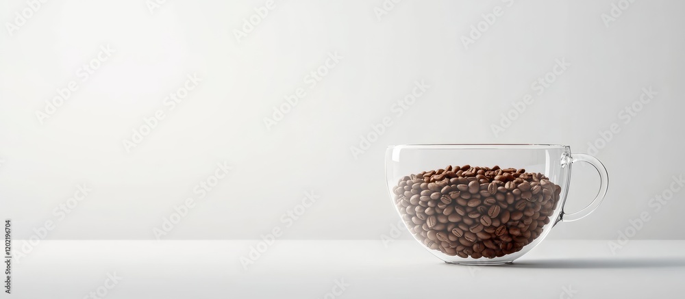 Aufkleber Coffee beans in a transparent glass cup on a simple gray background with Copy Space for text placement.