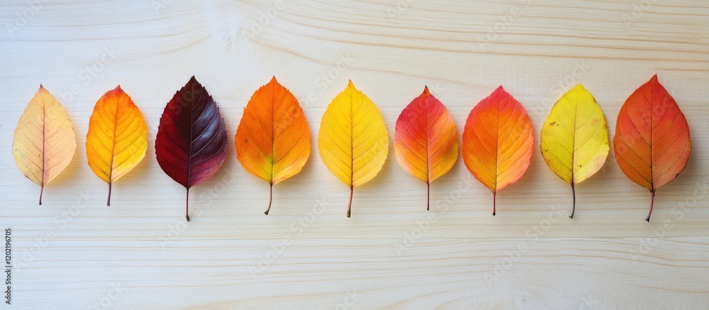 Aufkleber colorful assortment of autumn leaves arranged in a line on a wooden surface with copy space for text