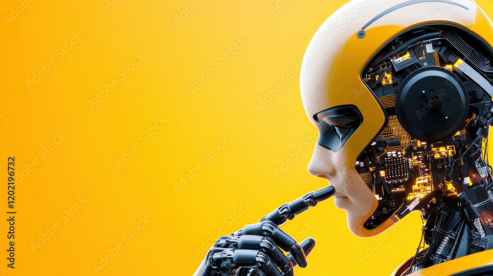 Poster futuristic ai robot with intricate details, featuring yellow exterior and thoughtful expression agai