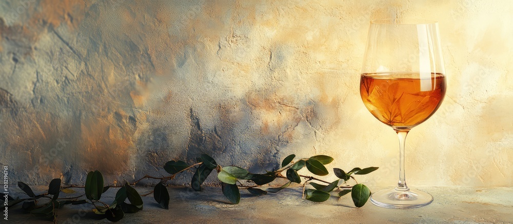 Poster glass of amber wine on a textured background with green leaves and copy space for text.