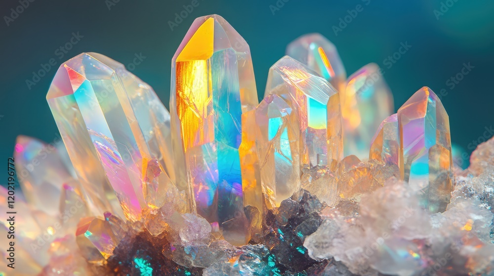 Poster Colorful iridescent quartz crystals with sharp points and sparkling mineral formations on a blurred background Copy Space