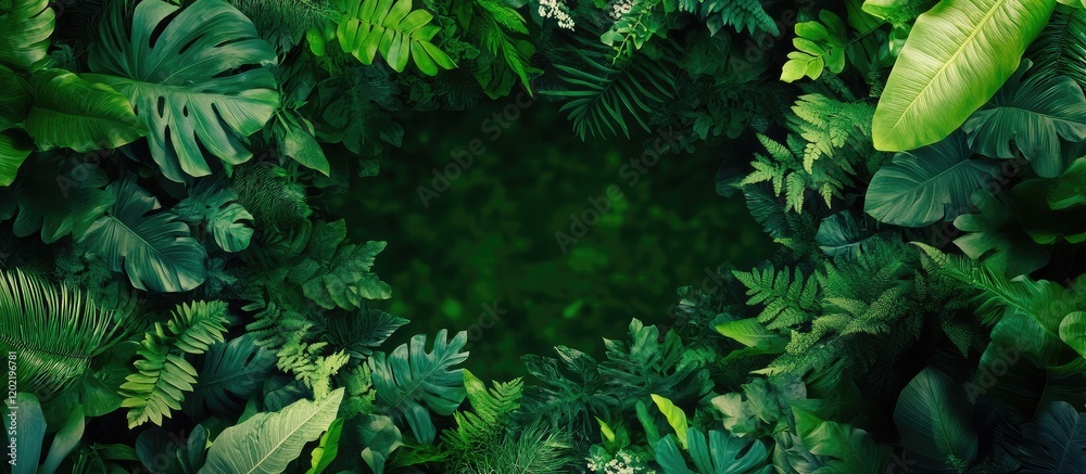 Poster lush green tropical foliage frame with dark center and ample copy space for text placement