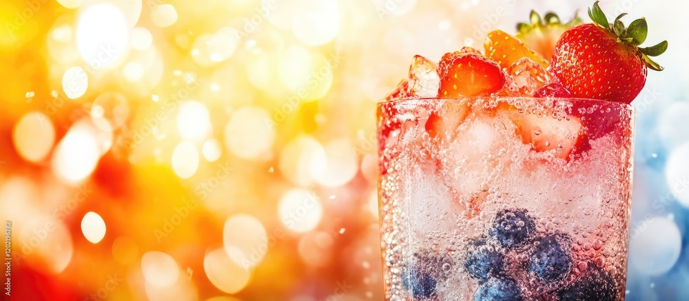 Poster Colorful sparkling drink in glass with strawberries and blueberries on bright background with bokeh and copy space for text