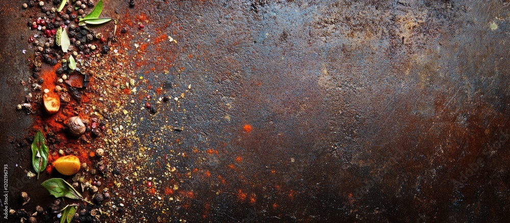 Aufkleber colorful spices and herbs scattered on a dark metallic surface with copy space for text placement