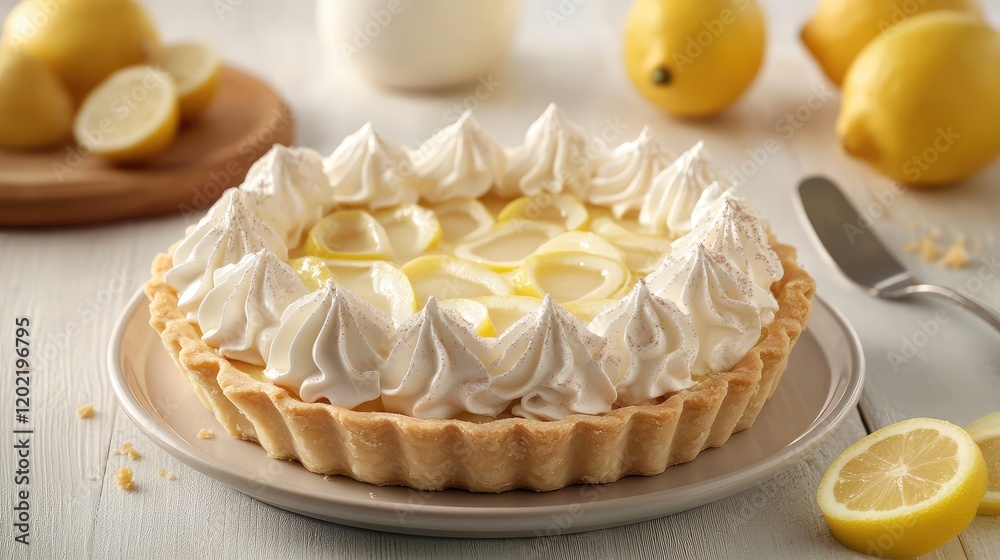 Aufkleber lemon meringue pie on plate with lemon slices and whole lemons in background copy space