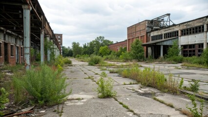 Abandoned and overgrown industrial site with crumbling buildings, industrial, overgrown