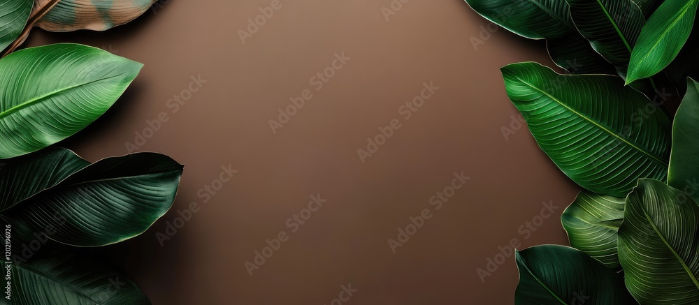 Poster green tropical leaves on brown background with additional copy space for text placement