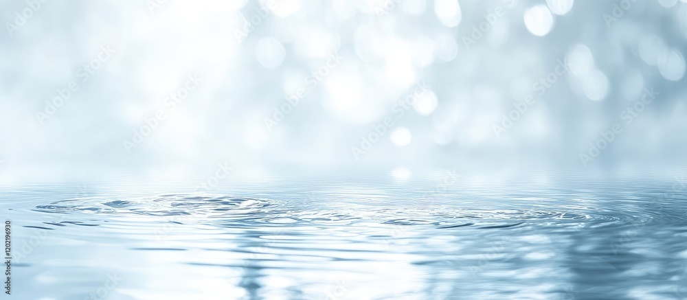 Poster soft focus water surface with ripple effects and bokeh light reflections in a serene blue ambiance c
