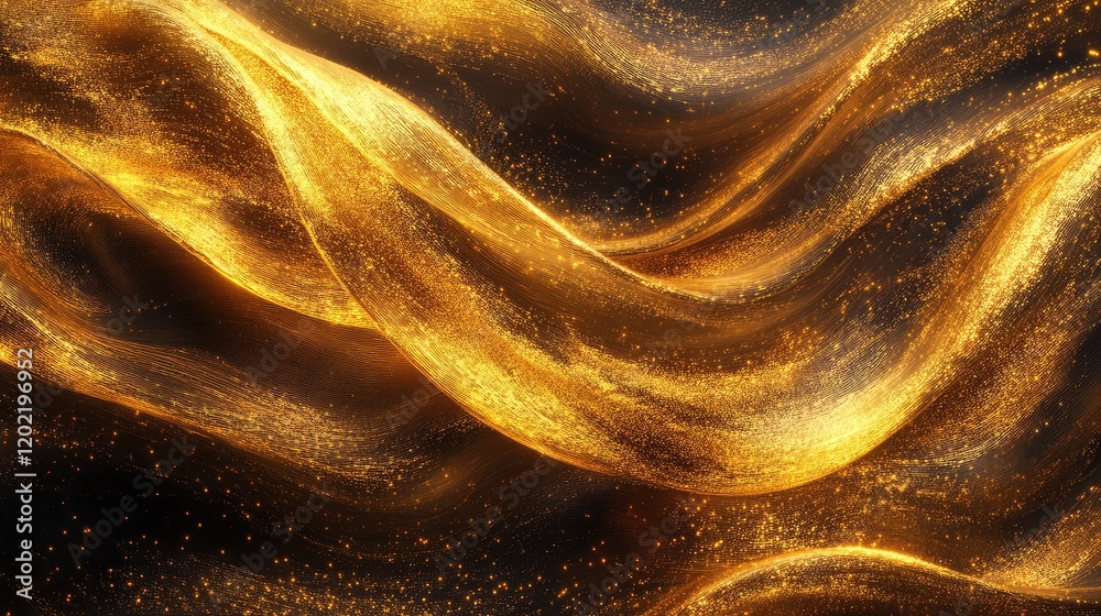 Poster Golden abstract wave background with shimmering particles and smooth flowing texture, suitable for graphic design use, Copy Space.