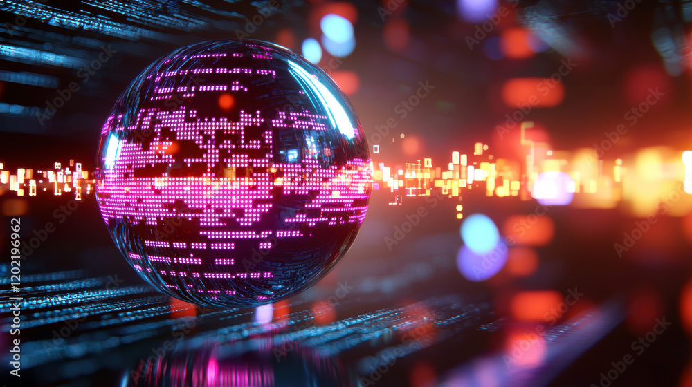 Aufkleber futuristic globe made of digital binary, glowing with vibrant colors, represents advanced technology and innovation. background features network of data streams