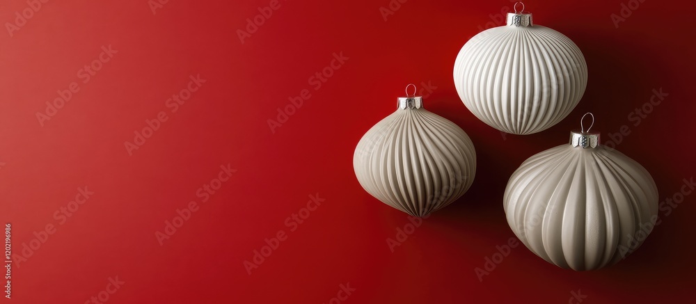 Aufkleber Three textured white Christmas ornaments hanging on a red background with ample copy space for text placement.