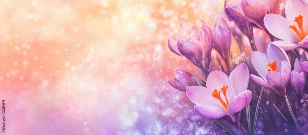 Leinwandbilder Colorful floral background with crocus flowers and bokeh effect ideal for spring themes and Copy Space for text insertion.