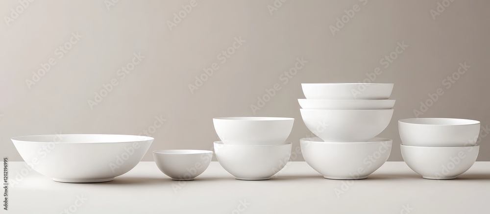 Aufkleber stacked white ceramic bowls of various sizes arranged on a neutral surface with beige background cop