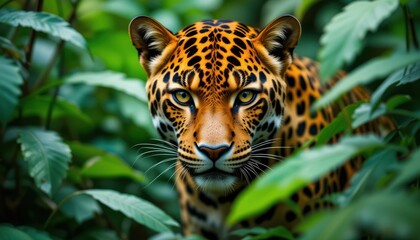 Fototapeta premium a jaguar peering through leaves with intense eyes.