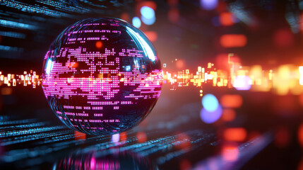 futuristic globe made of digital binary, glowing with vibrant colors, represents advanced technology and innovation. background features network of data streams