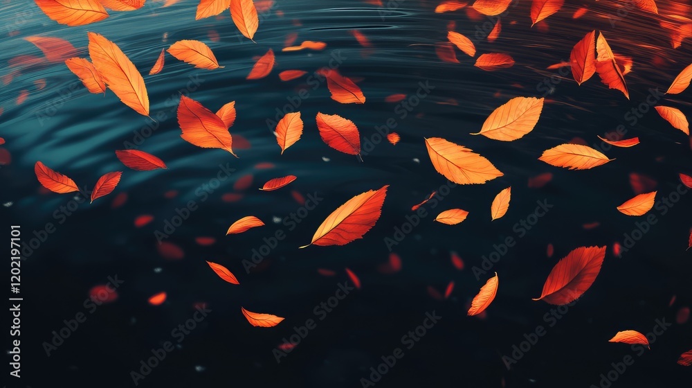 Aufkleber Falling autumn leaves on water surface creating ripples with dark background and copy space for text placement