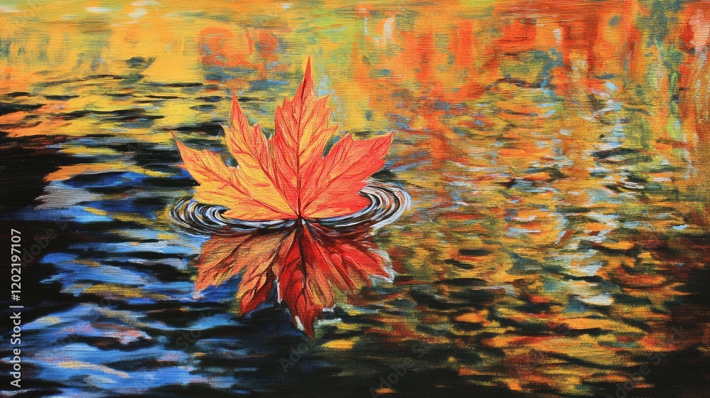 Aufkleber vibrant autumn leaves floating on water with colorful reflections and circular ripples copy space