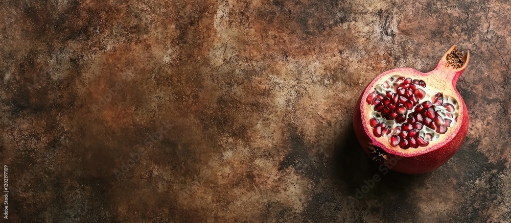 Poster Pomegranate fruit split in half on textured brown surface with copy space for text