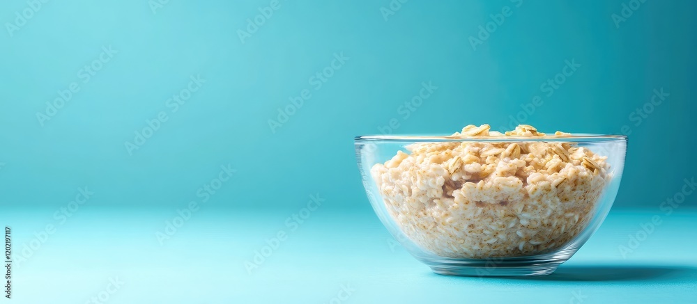 Poster bowl of cooked oatmeal on a turquoise background with copy space for text placement