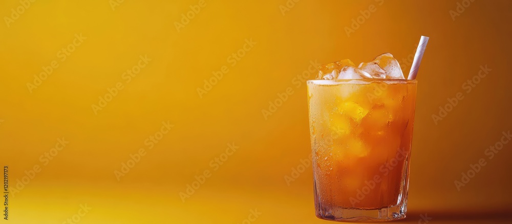 Poster orange cocktail with ice in a glass on bright yellow background with copy space for text