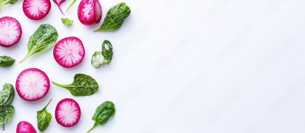 Aufkleber Fresh radishes and spinach leaves arranged on a white background with copy space for text placement.