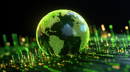 Futuristic globe made of digital binary, glowing green lights, representing technology and innovation. captivating visual of digital world