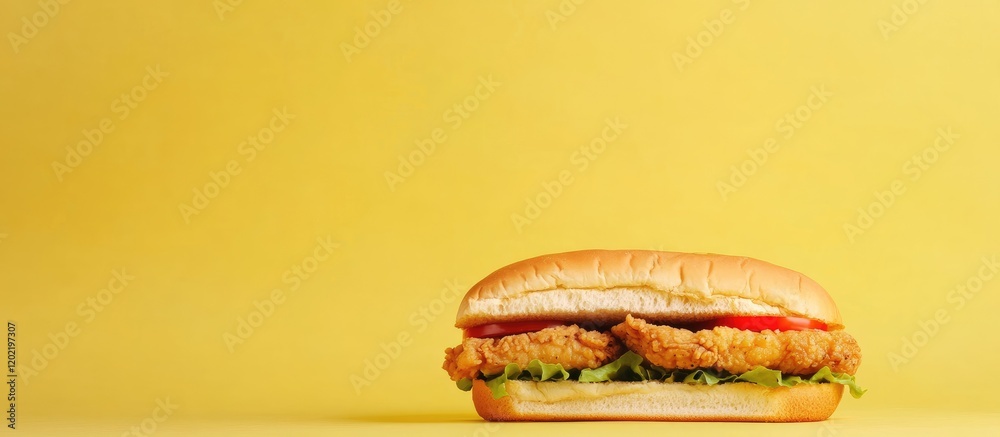 Poster fried chicken sandwich with lettuce and ketchup on a yellow background with copy space