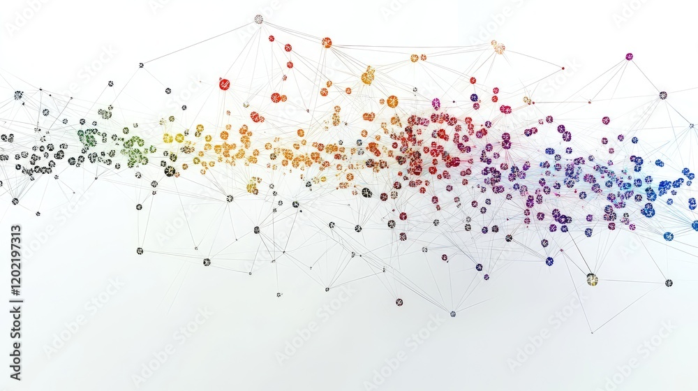 Leinwandbilder Colorful abstract network structure with nodes and links on white background featuring gradient shades and ample copy space
