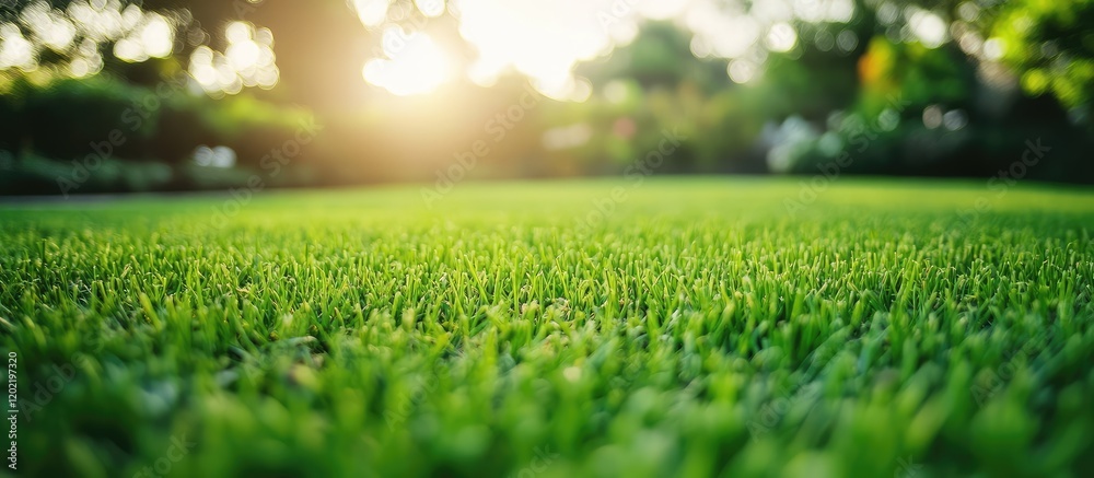 Poster Green grass field during sunset with soft sunlight filtering through trees and ample copy space for text insertion
