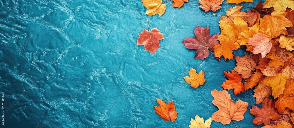 Aufkleber autumn leaves floating on turquoise water surface with ripples and copy space for text.