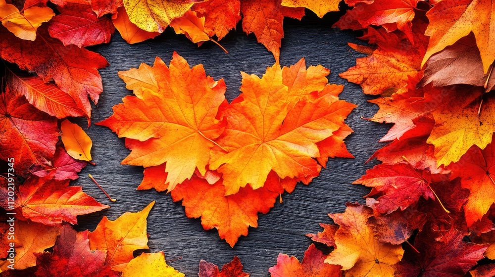 Aufkleber Autumn leaves arranged in a heart shape on a dark wooden surface with additional scattered leaves and Copy Space for text.