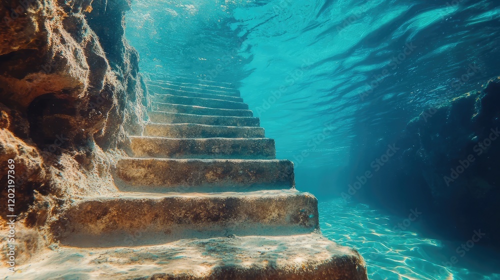 Poster underwater view of submerged stone stairs leading to the surface with clear blue water and sunlight 
