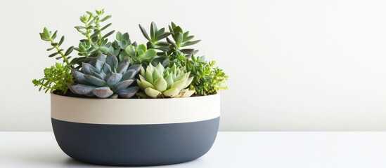 Modern succulent arrangement in a round planter with neutral tones on a light background Copy Space