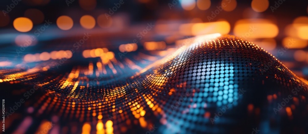 Poster Abstract digital landscape with glowing dots and bokeh lights, featuring a textured surface and deep colors, Copy Space available.