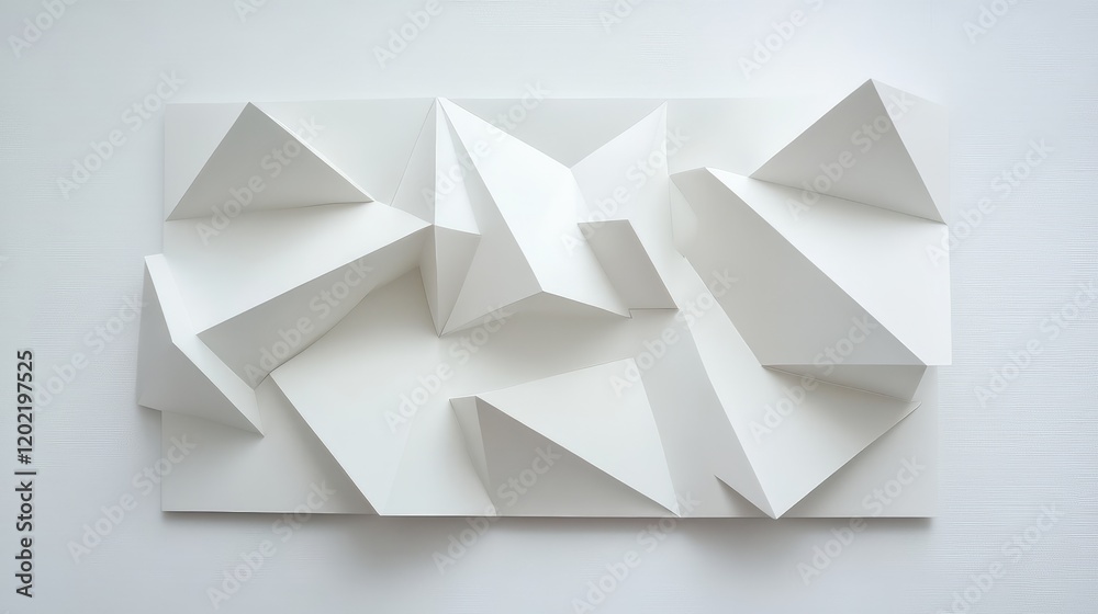 Poster abstract composition of white geometric paper structures with textured surfaces on a light backgroun